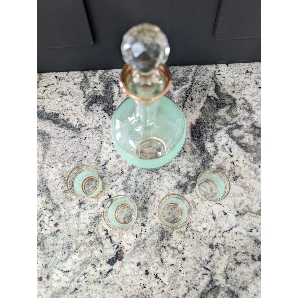 Vintage USSR Red Giant Green Sand Decanter 4 Shot Glasses Soviet Glass Set